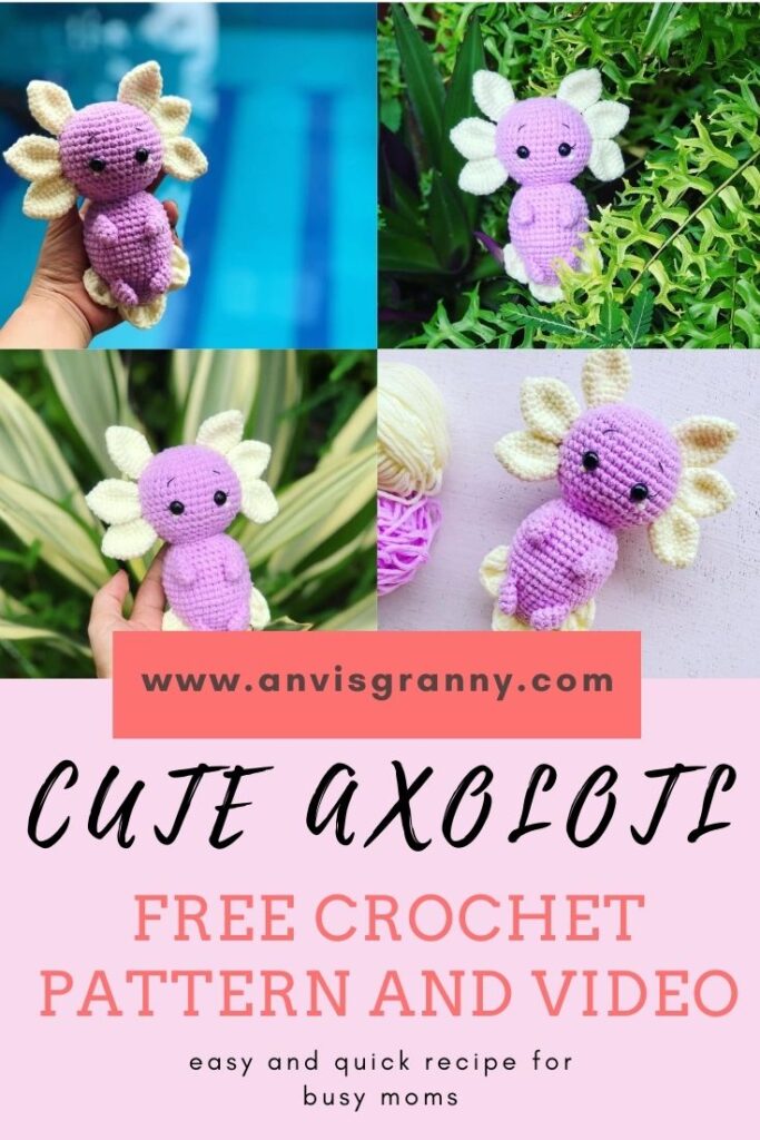 Do you love axolotl? Adopt a cute baby axolotl pet with my easy free crochet pattern for beginners. You can diy a cute axolotl within a few hours. axolotl patron #anvisgranny #crochetpattern #amigurumipatttern #axolotlamigurumi #axolotl #crochetvideo #freepattern #amigurumifree
