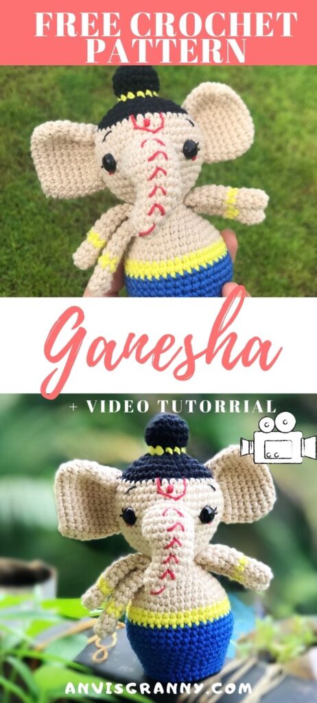 Free Lord Ganesha amigurumi doll crochet pattern with video tutorial