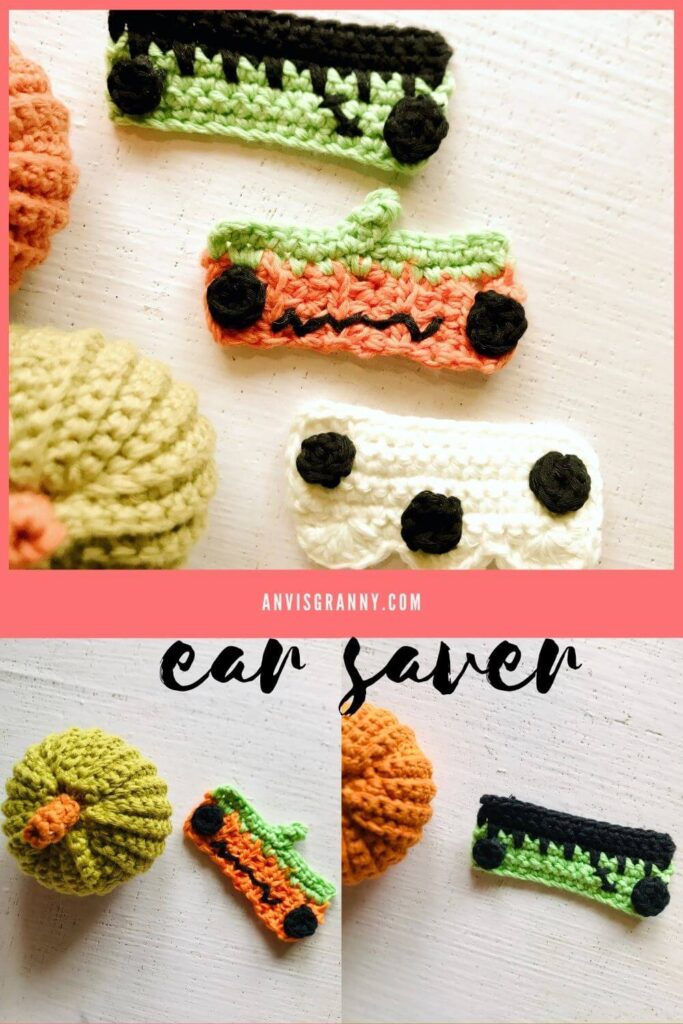 Halloween ear savers crochet pattern_ Frankenstein, pumpkin, ghost