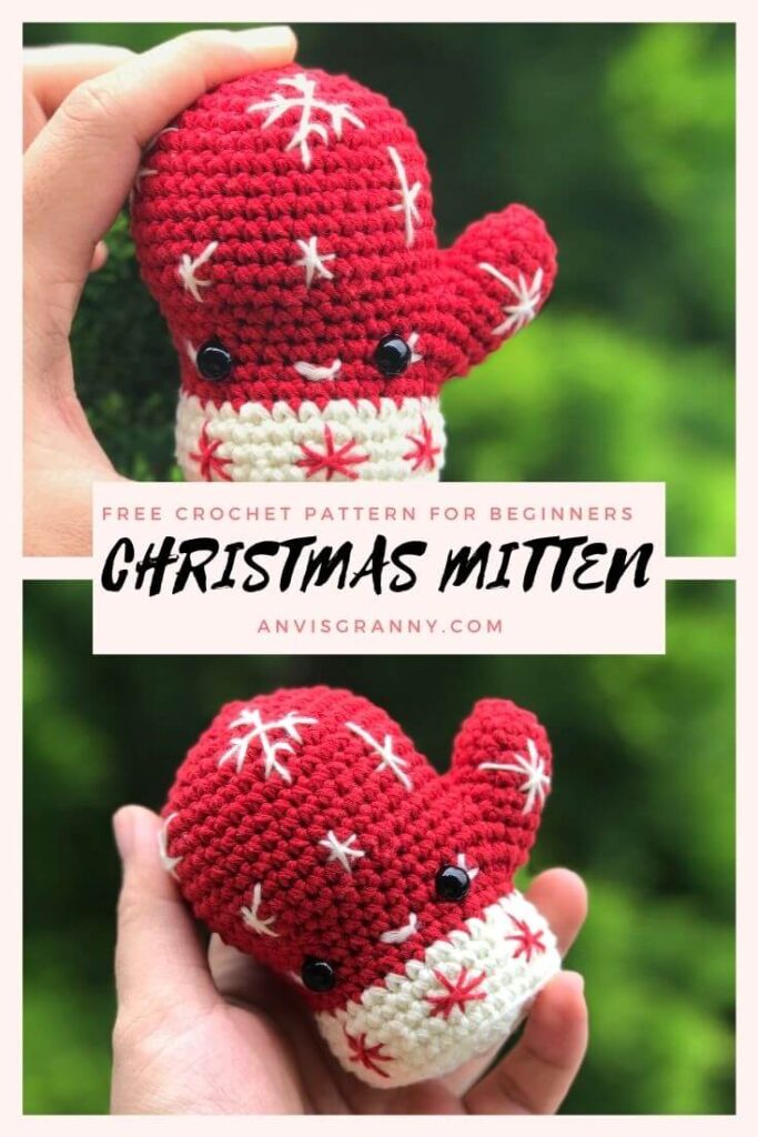 Christmas ornament crochet free pattern of little mitten, no sew free crochet pattern with video tutorial for beginners