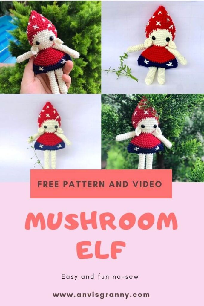 Free no-sew Christmas mushroom elf amigurumi crochet pattern and video tutorial for beginners