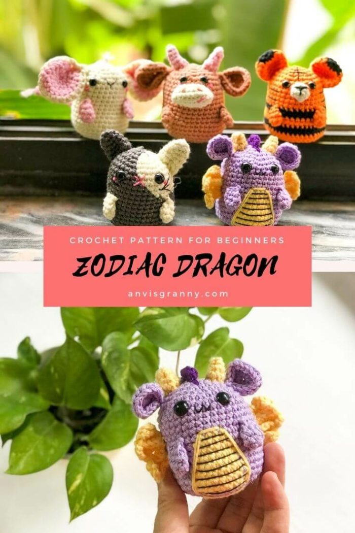 Crochet zodiac dragon amigurumi pattern and video tutorial, exclusive dragon birhtday card