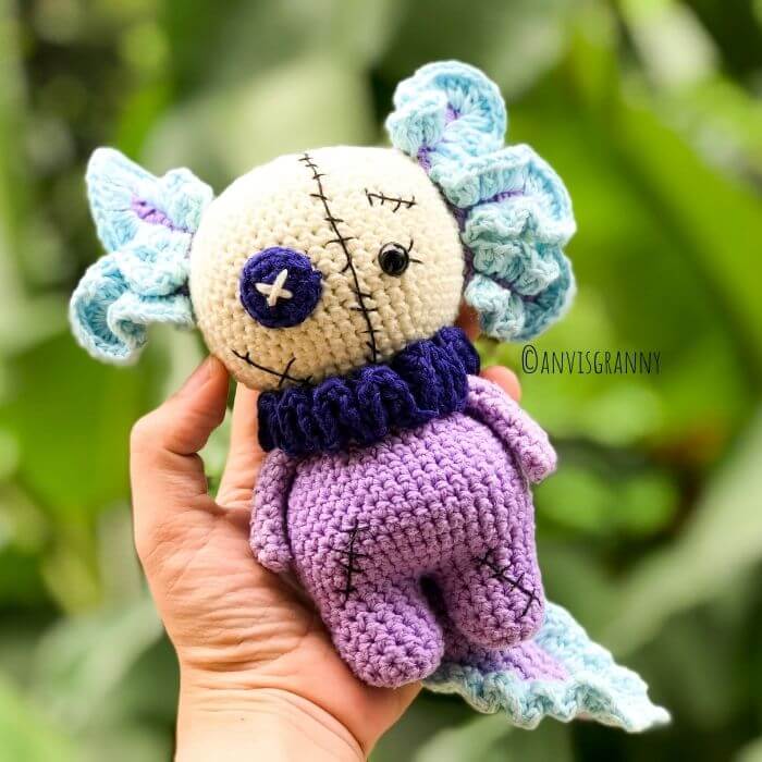 Halloween amigurumi voodoo axolotlt crochet pattern - no sew amigurumi doll pattern