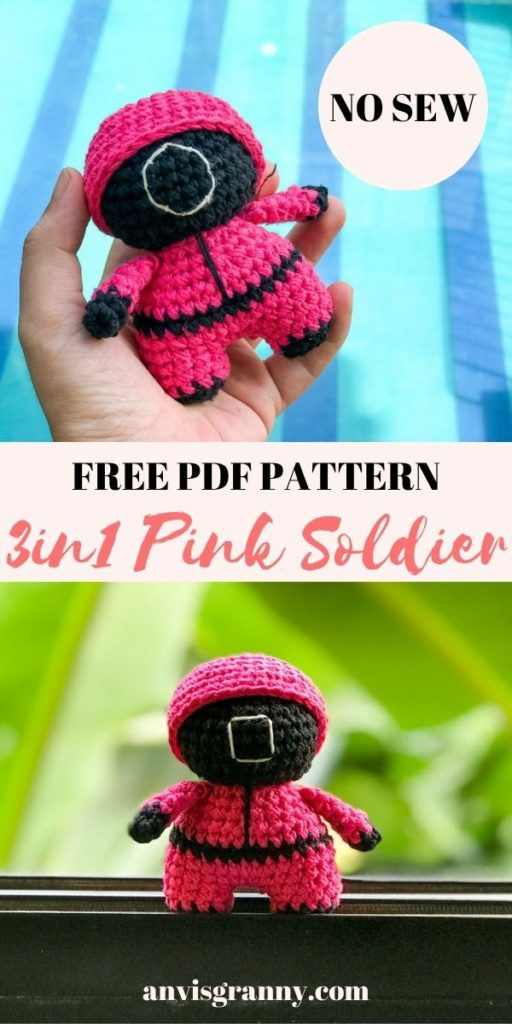 crochet squid game pattern Free, 3in1 Crochet Squid Game Pink Soldier &#8211; No-sew Free Amigurumi Pattern